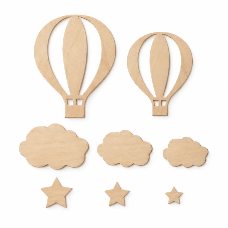 Art And Craft For Nursery - ชุดตกแต่งผนังไม้รูปบอลลูน 13 ชิ้น - งานศิลป์ผนังสำหรับห้องเด็กพร้อมเมฆและดาว งานฝีมือ